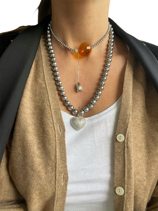 Hematite Jewelry Set with Glass Orb & Metal Charms – 2 Pieces